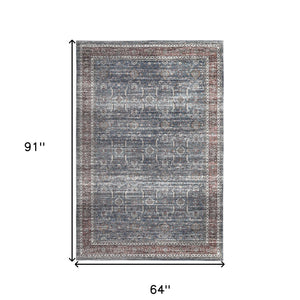5' X 8' Blue Oriental Distressed Stain Resistant Area Rug