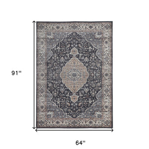5' X 8' Black Oriental Stain Resistant Area Rug