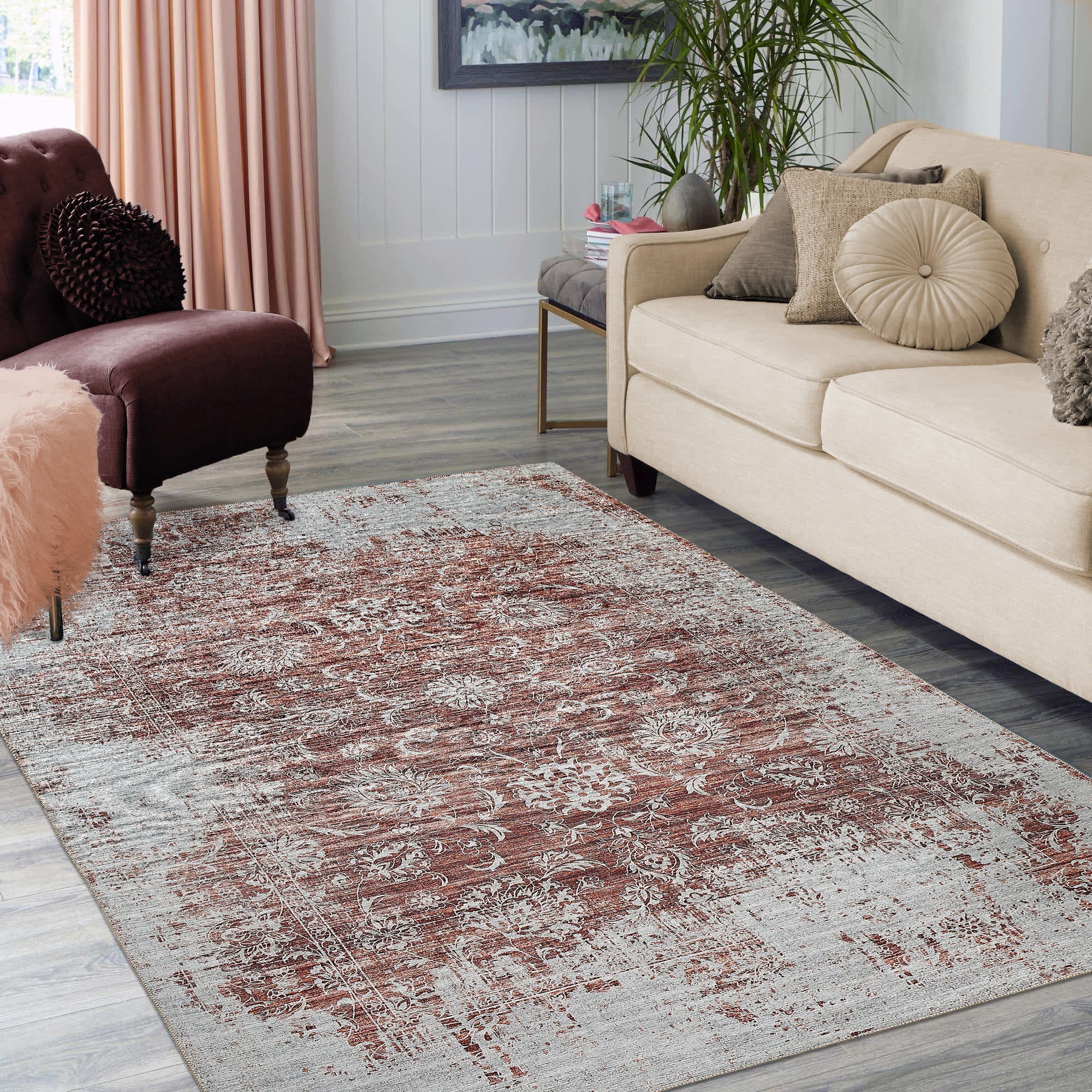8' X 11' Rust Oriental Distressed Stain Resistant Area Rug