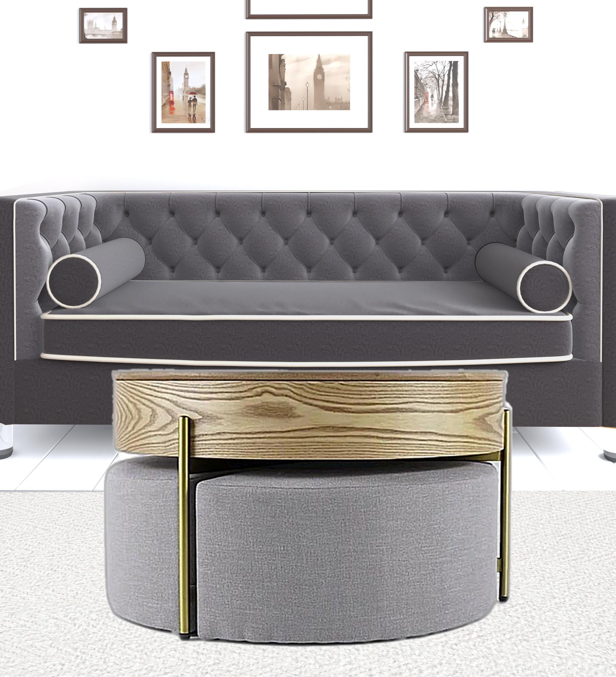 31" Brown And White Stone Round Lift Top Coffee Table with three ottomans