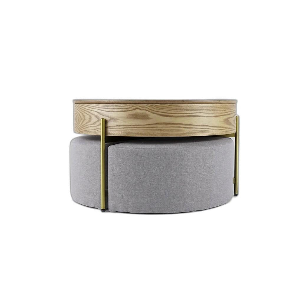 31" Brown And White Stone Round Lift Top Coffee Table with three ottomans