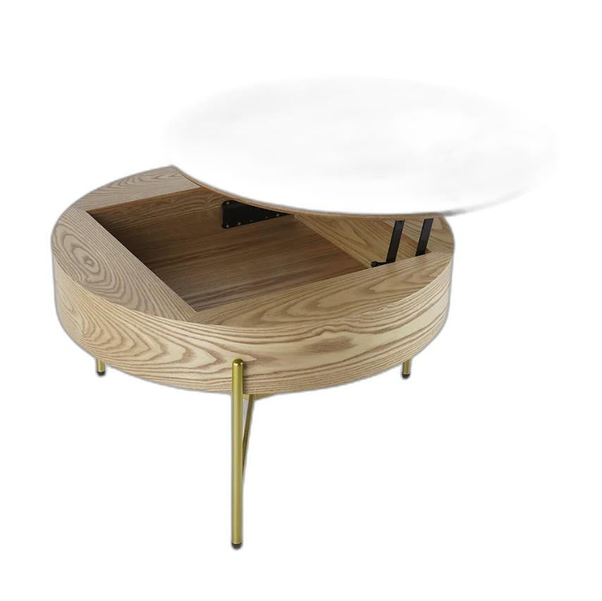 31" Brown And White Stone Round Lift Top Coffee Table