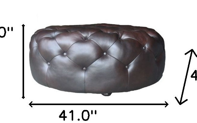 Brown Genuine Leather And Dark Brown Tufted Round Ottoman 41"