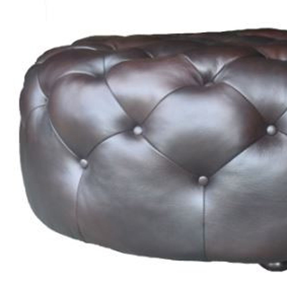 Brown Genuine Leather And Dark Brown Tufted Round Ottoman 41"