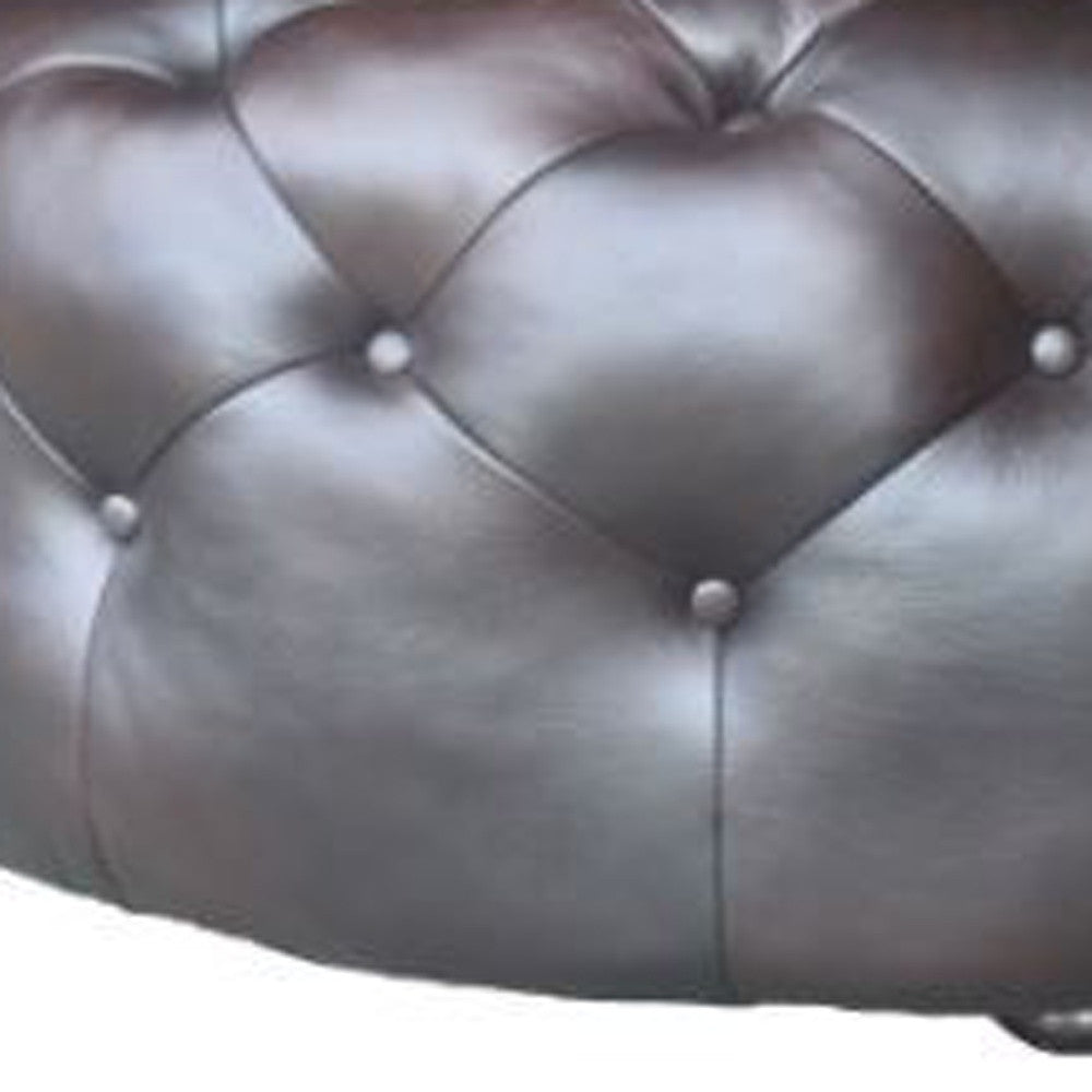 Brown Genuine Leather And Dark Brown Tufted Round Ottoman 41"