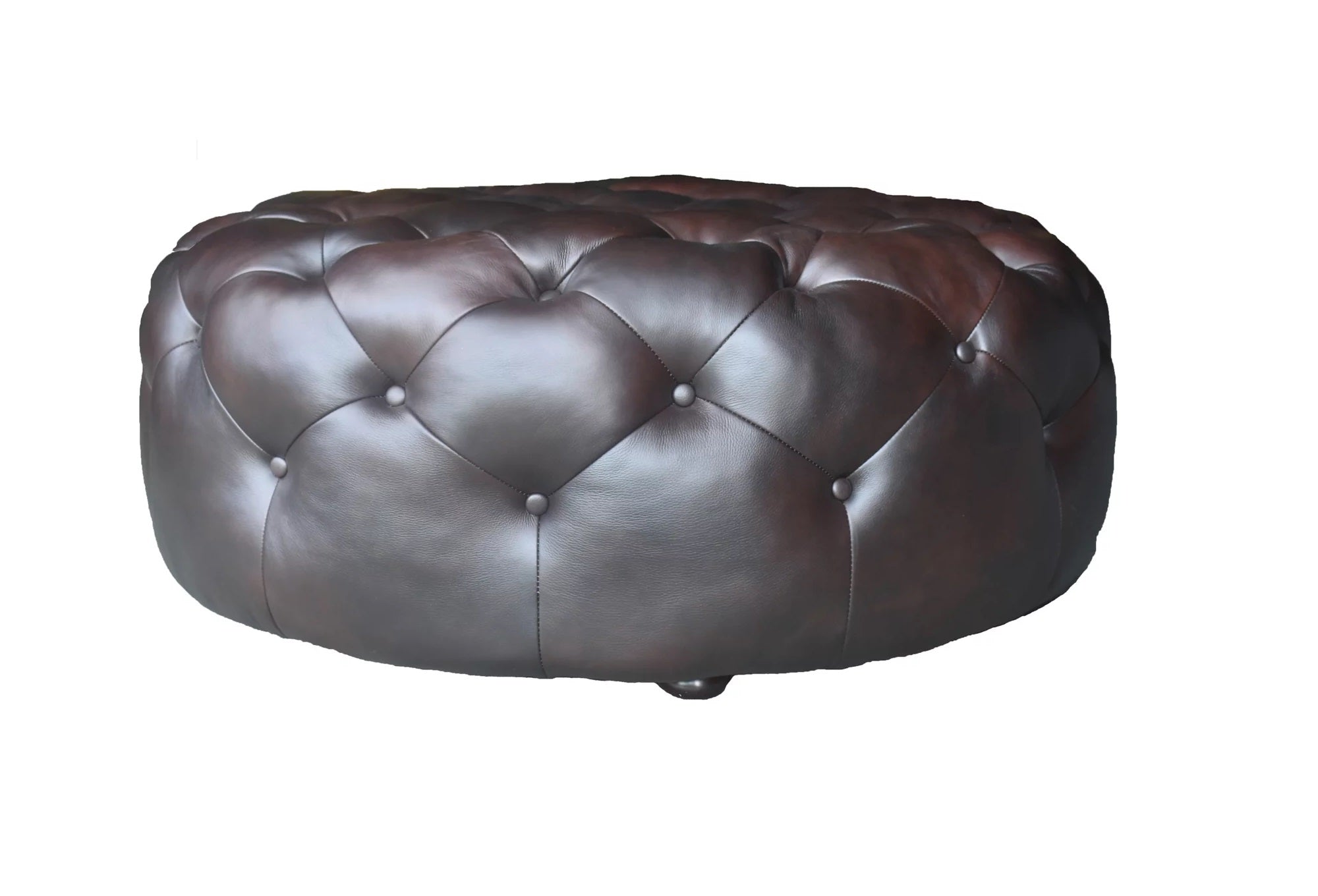 Brown Genuine Leather And Dark Brown Tufted Round Ottoman 41"