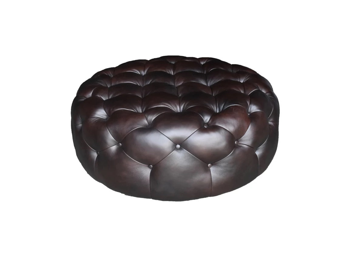 Brown Genuine Leather And Dark Brown Tufted Round Ottoman 41"