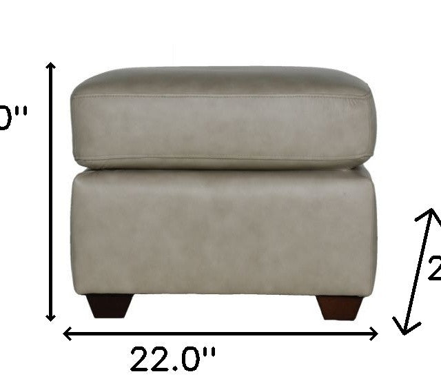 22" Stone Taupe Genuine Leather And Walnut Ottoman