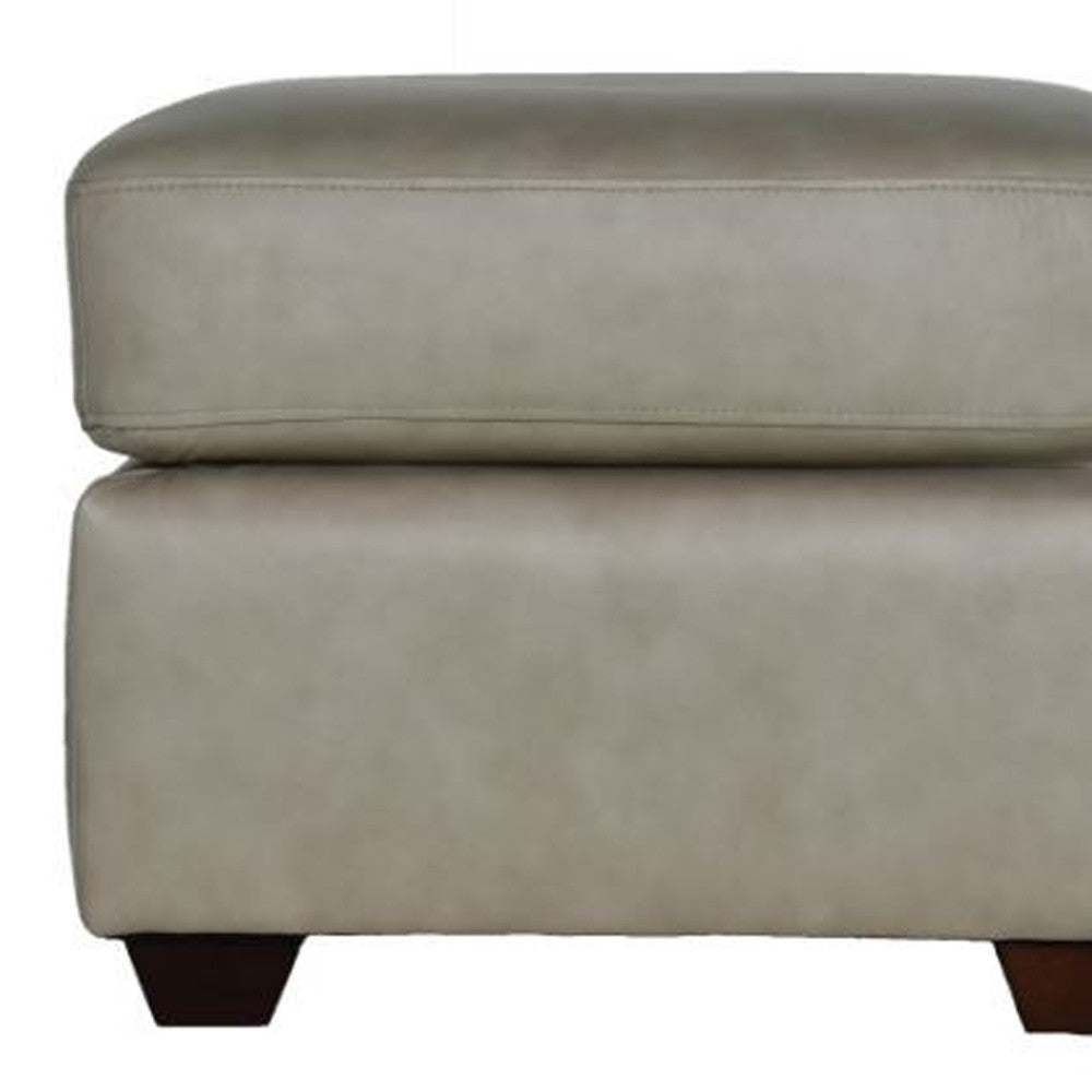 22" Stone Taupe Genuine Leather And Walnut Ottoman