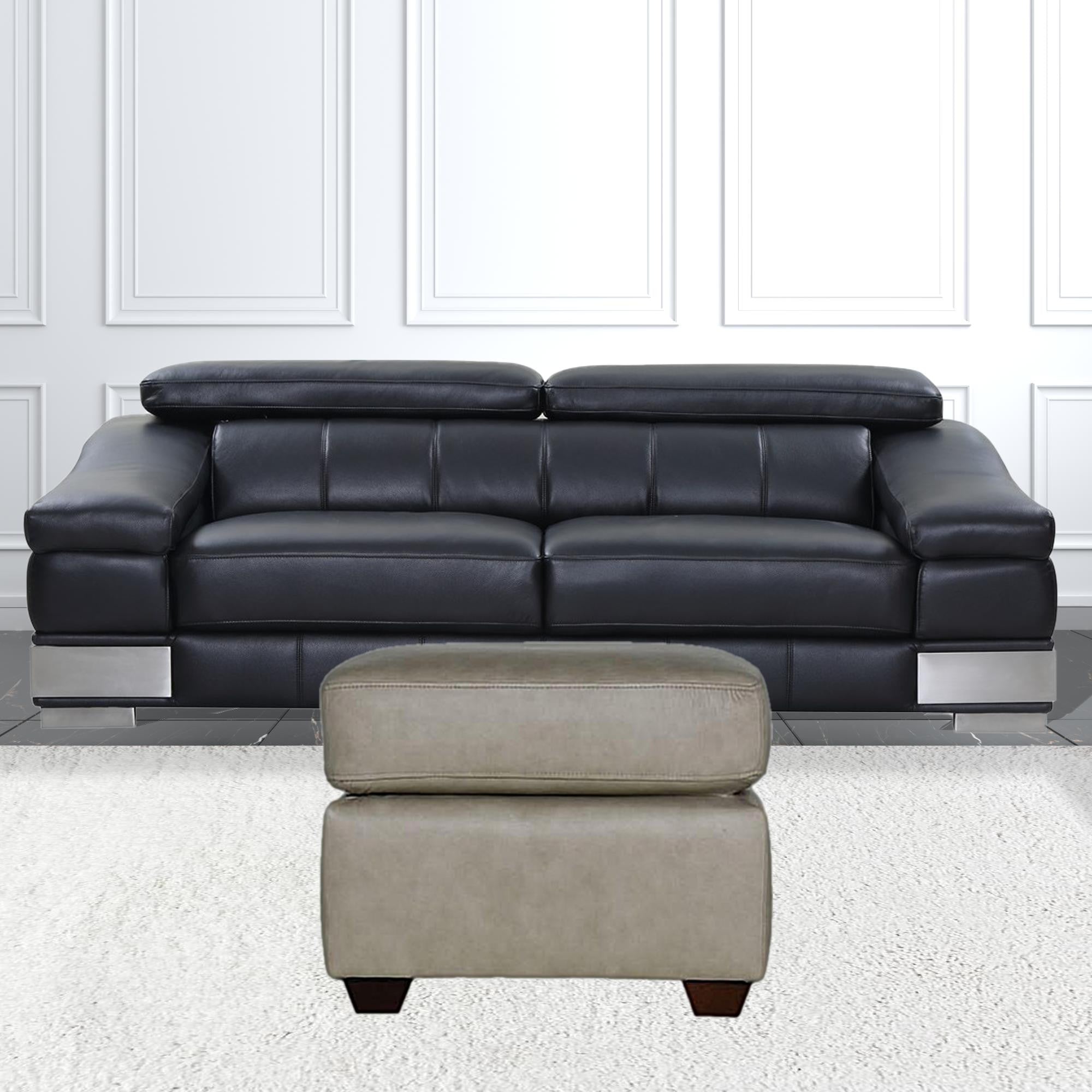 22" Stone Taupe Genuine Leather And Walnut Ottoman