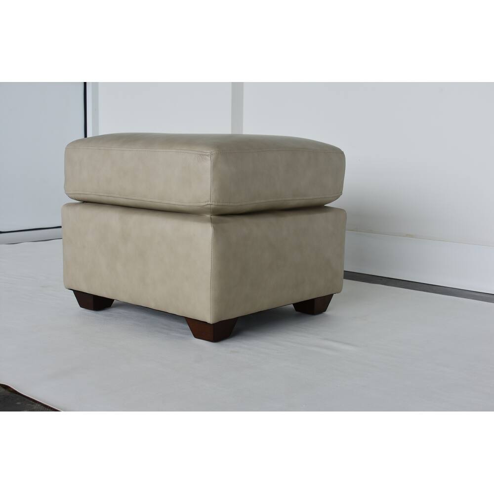 22" Stone Taupe Genuine Leather And Walnut Ottoman