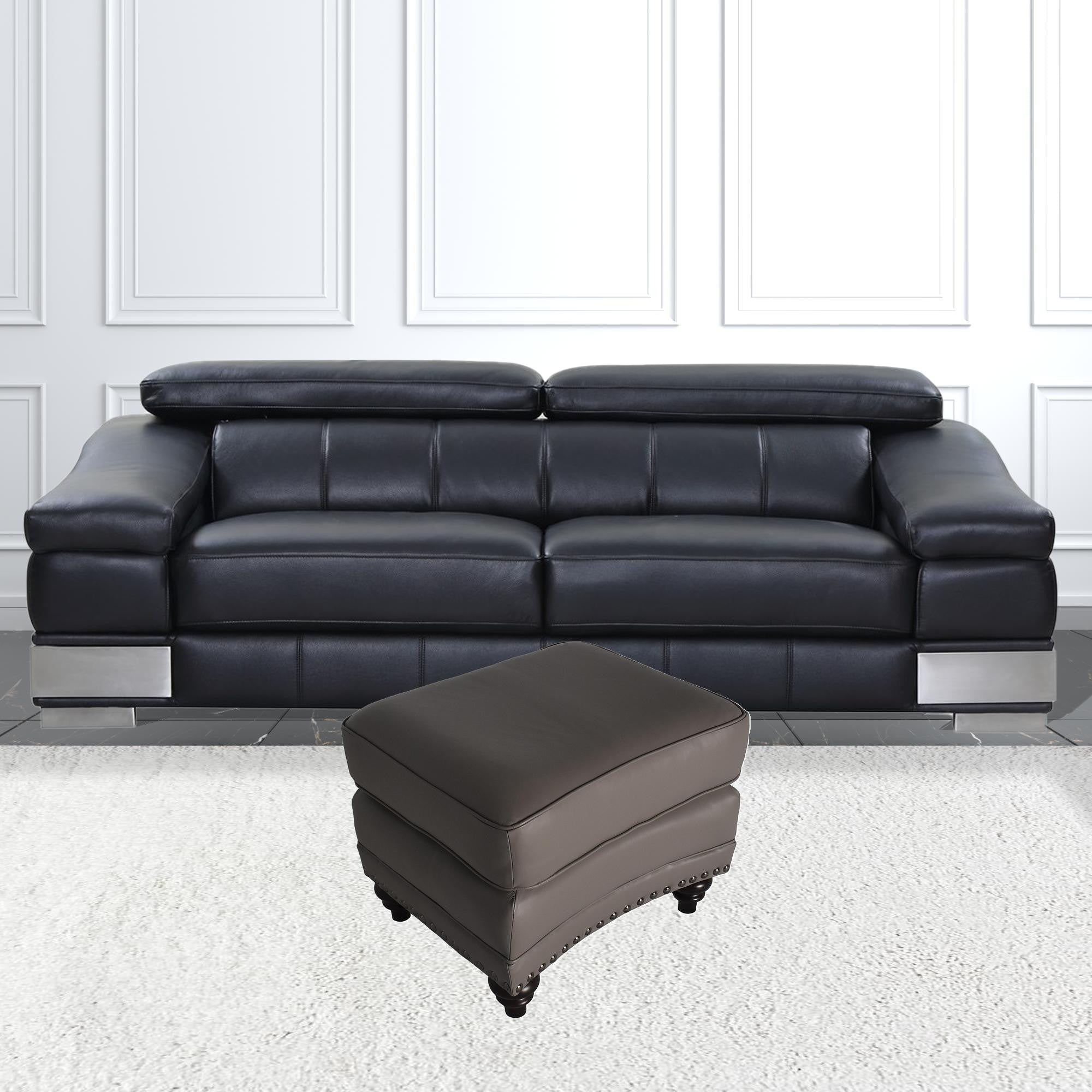 22" Grey Genuine Leather And Walnut Ottoman