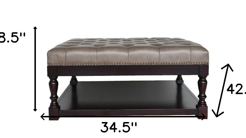 Dark Grey and Dark Brown Tufted Leather Coffee Table 34.5"