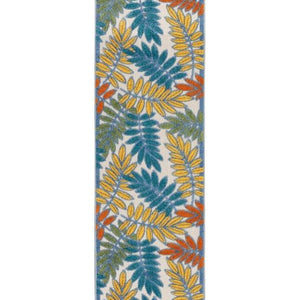 2' X 12' Ivory Teal And Gold Floral Non Skid Indoor Outdoor Runner Rug