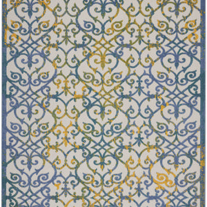 12' X 15' Ivory And Blue Damask Non Skid Indoor Outdoor Area Rug