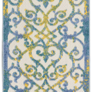 2' X 12' Ivory And Blue Damask Non Skid Indoor Outdoor Runner Rug