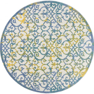 8' X 8' Ivory And Blue Round Damask Non Skid Indoor Outdoor Area Rug