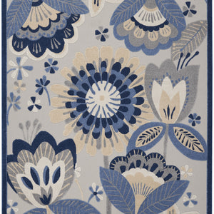 9' X 12' Blue And Grey Floral Non Skid Indoor Outdoor Area Rug