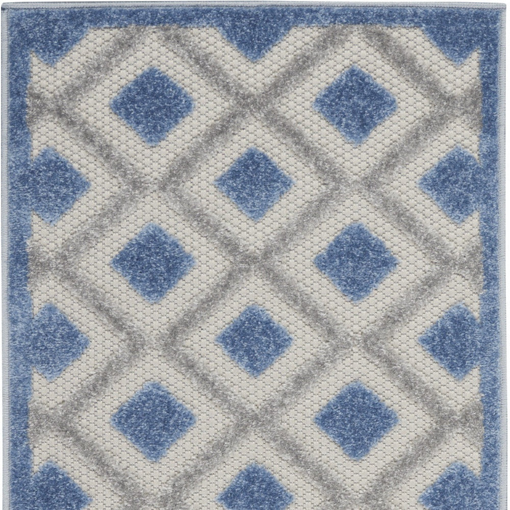 Blue And Grey Gingham Non Skid Indoor Outdoor Runner Rug - 2' X 6'