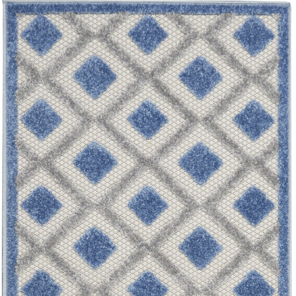 Blue And Grey Gingham Non Skid Indoor Outdoor Runner Rug - 2' X 10'