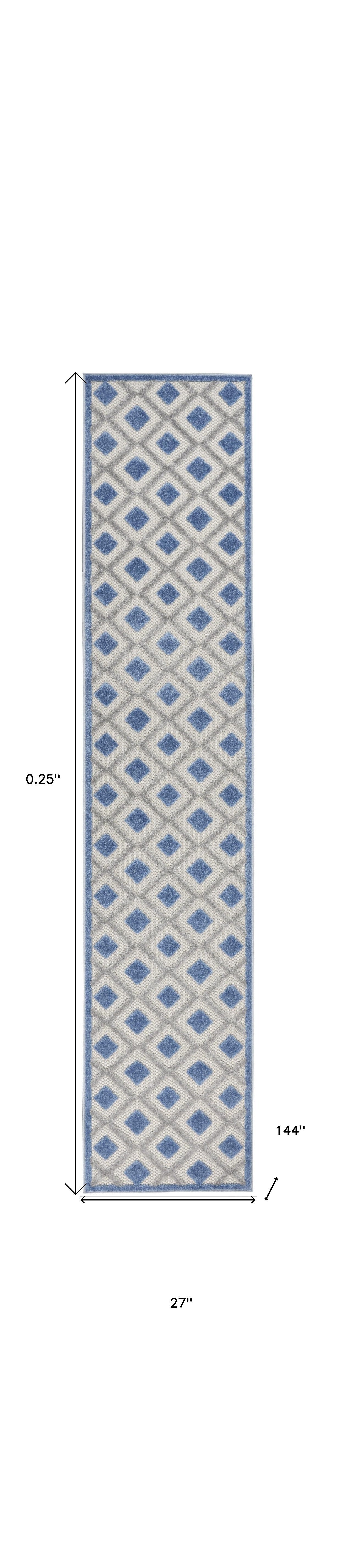 Blue And Grey Gingham Non Skid Indoor Outdoor Runner Rug - 2' X 12'