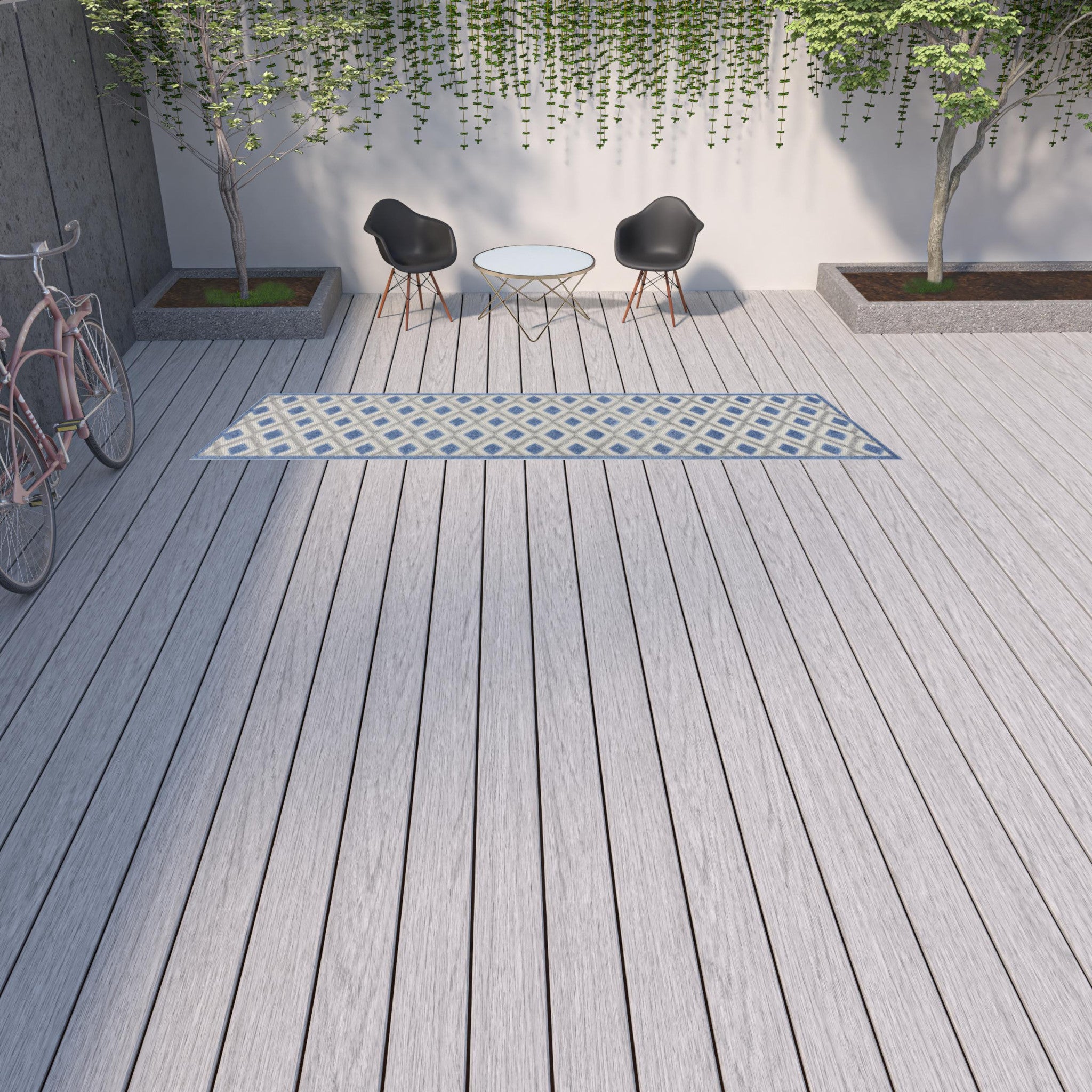 Blue And Grey Gingham Non Skid Indoor Outdoor Runner Rug - 2' X 12'