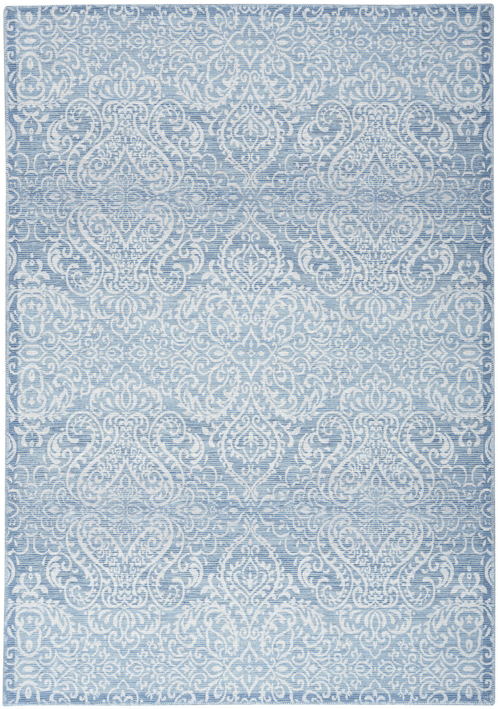 5' X 7' Aqua Damask Distressed Washable Area Rug