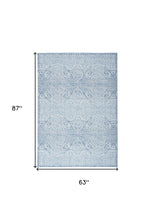 5' X 7' Aqua Damask Distressed Washable Area Rug