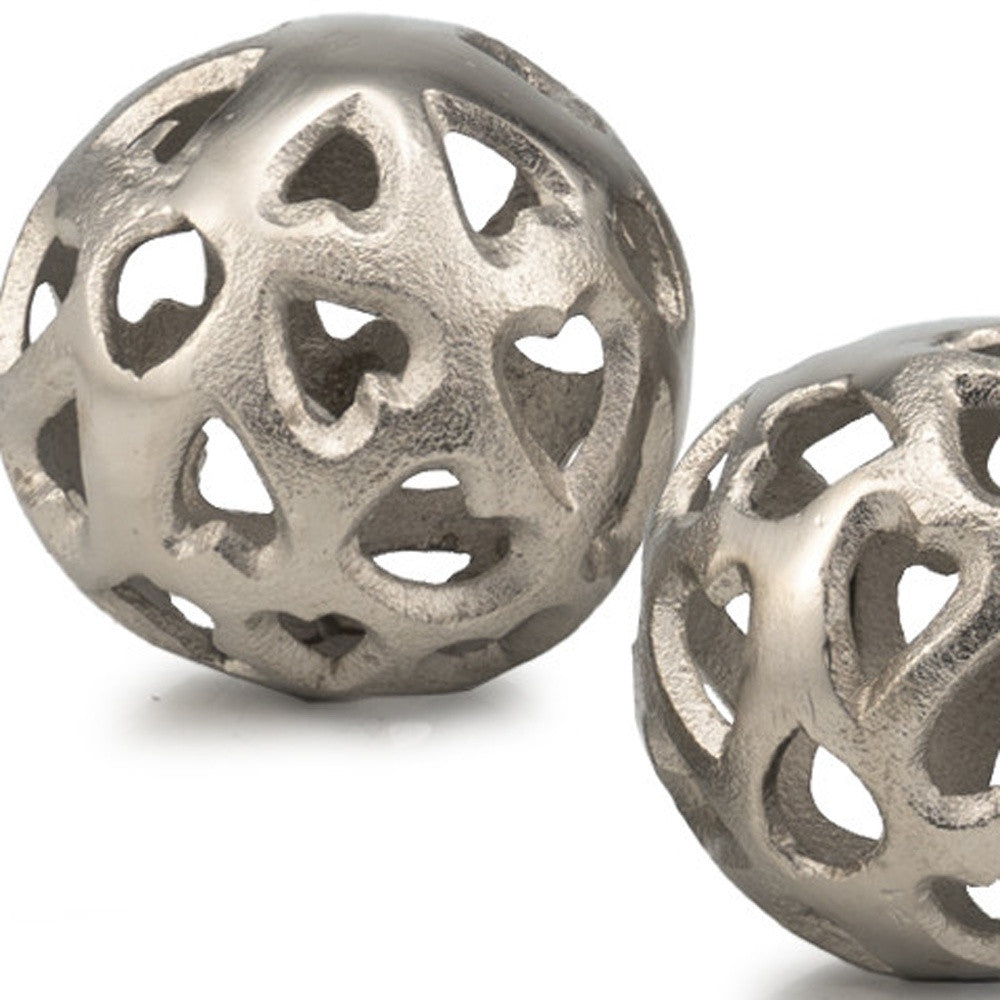 Set Of Two 4" Silver Heart Design Pierced Decorative Orbs