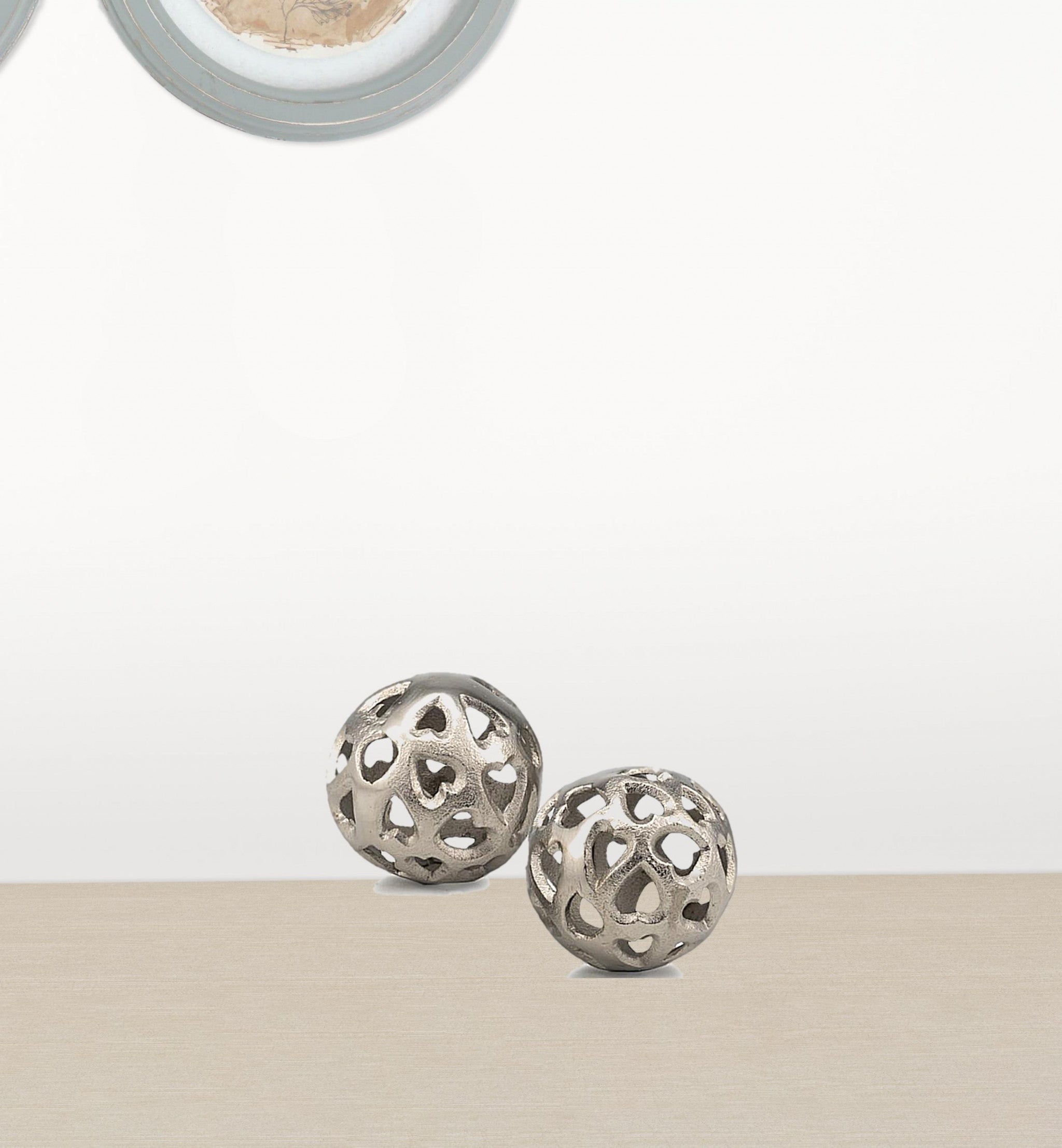 Set Of Two 4" Silver Heart Design Pierced Decorative Orbs