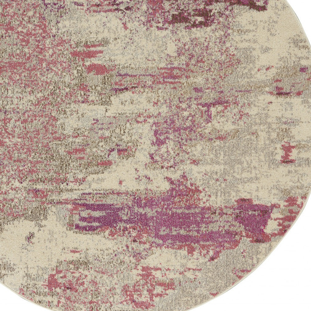 5' X 5' Ivory And Pink Round Abstract Power Loom Non Skid Area Rug