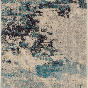 2' X 6' Ivory And Teal Blue Abstract Power Loom Non Skid Runner Rug