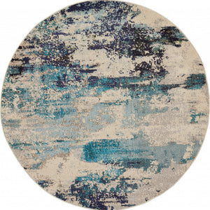 4' X 4' Ivory And Teal Blue Round Abstract Power Loom Non Skid Area Rug