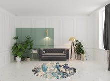 8' X 8' Ivory And Teal Blue Round Abstract Power Loom Non Skid Area Rug