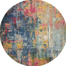 8' X 8' Blue And Yellow Round Abstract Power Loom Non Skid Area Rug
