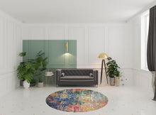 8' X 8' Blue And Yellow Round Abstract Power Loom Non Skid Area Rug