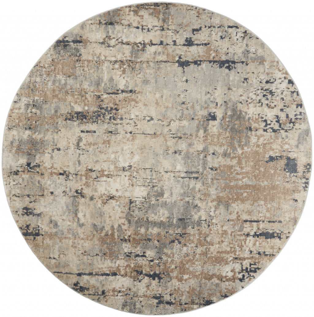 8 X 8' Beige And Grey Round Abstract Power Loom Non Skid Area Rug