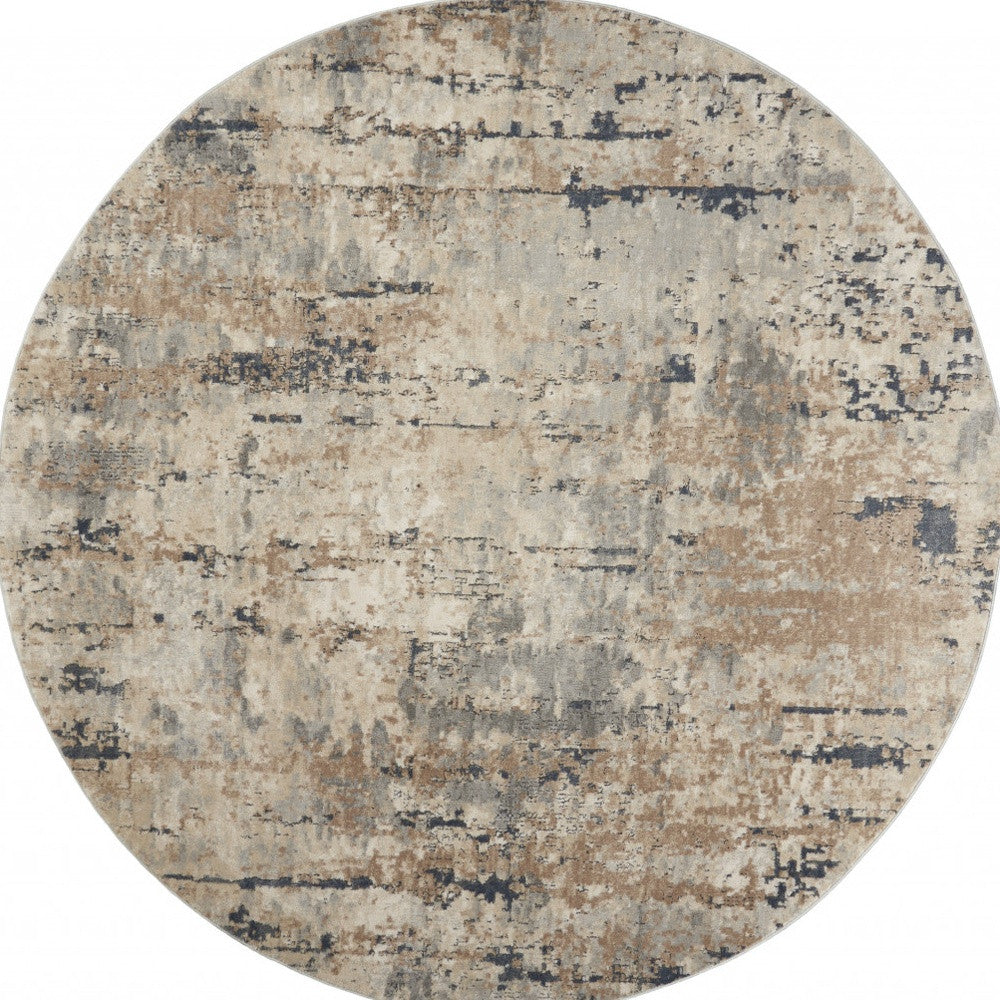 8 X 8' Beige And Grey Round Abstract Power Loom Non Skid Area Rug