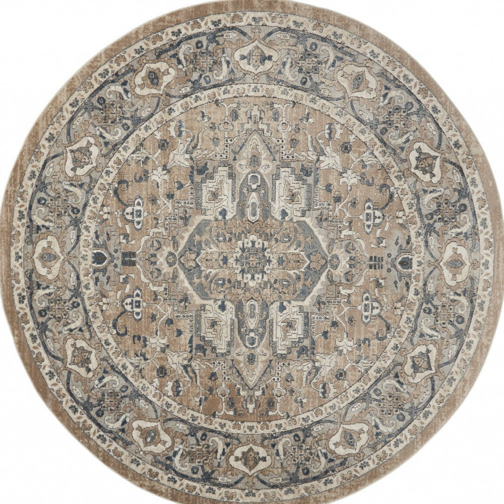 8 X 8' Beige And Grey Round Oriental Power Loom Non Skid Area Rug