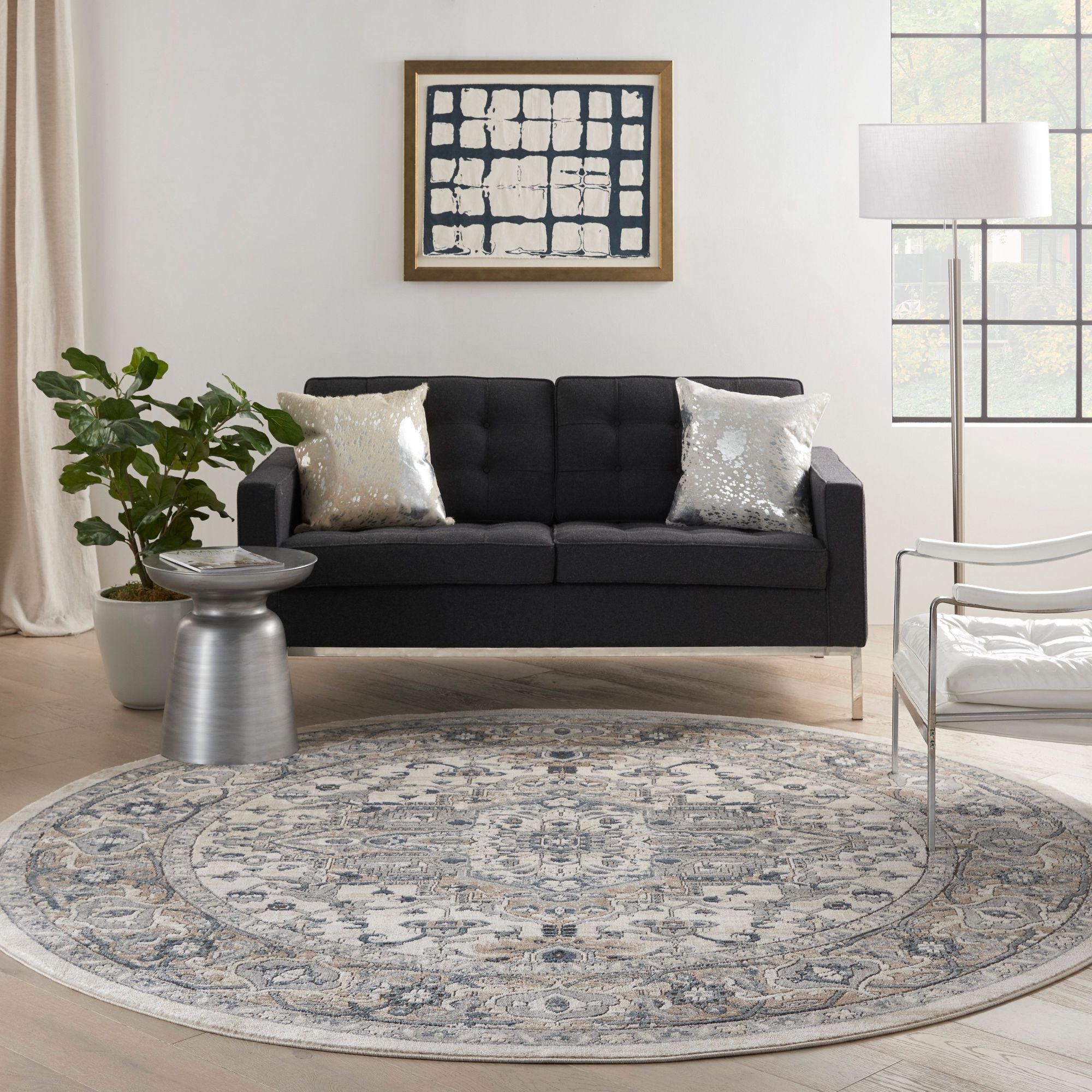 8' Ivory And Grey Round Oriental Power Loom Non Skid Area Rug