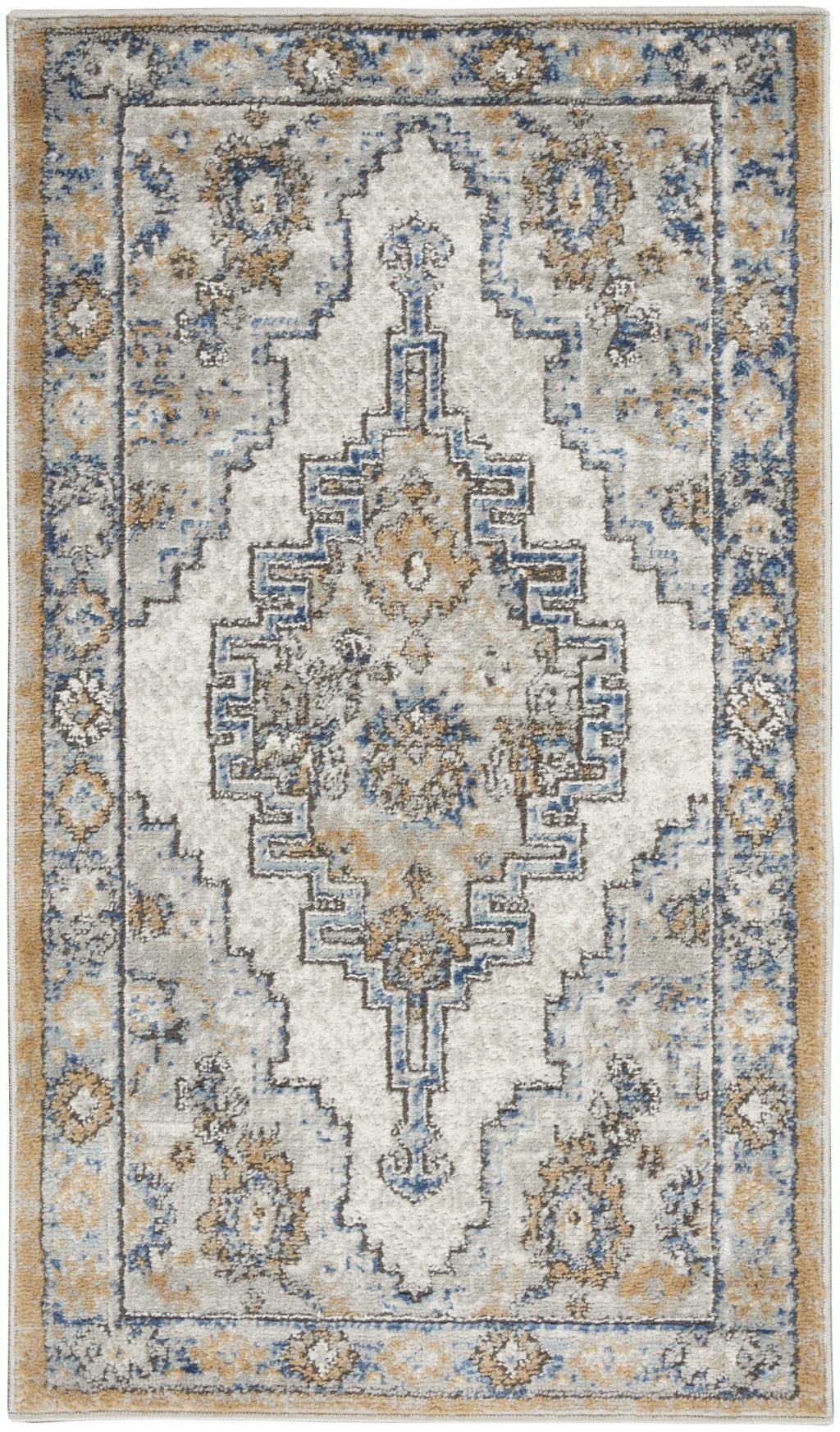 2' X 4' Grey And Light Blue Oriental Power Loom Non Skid Area Rug