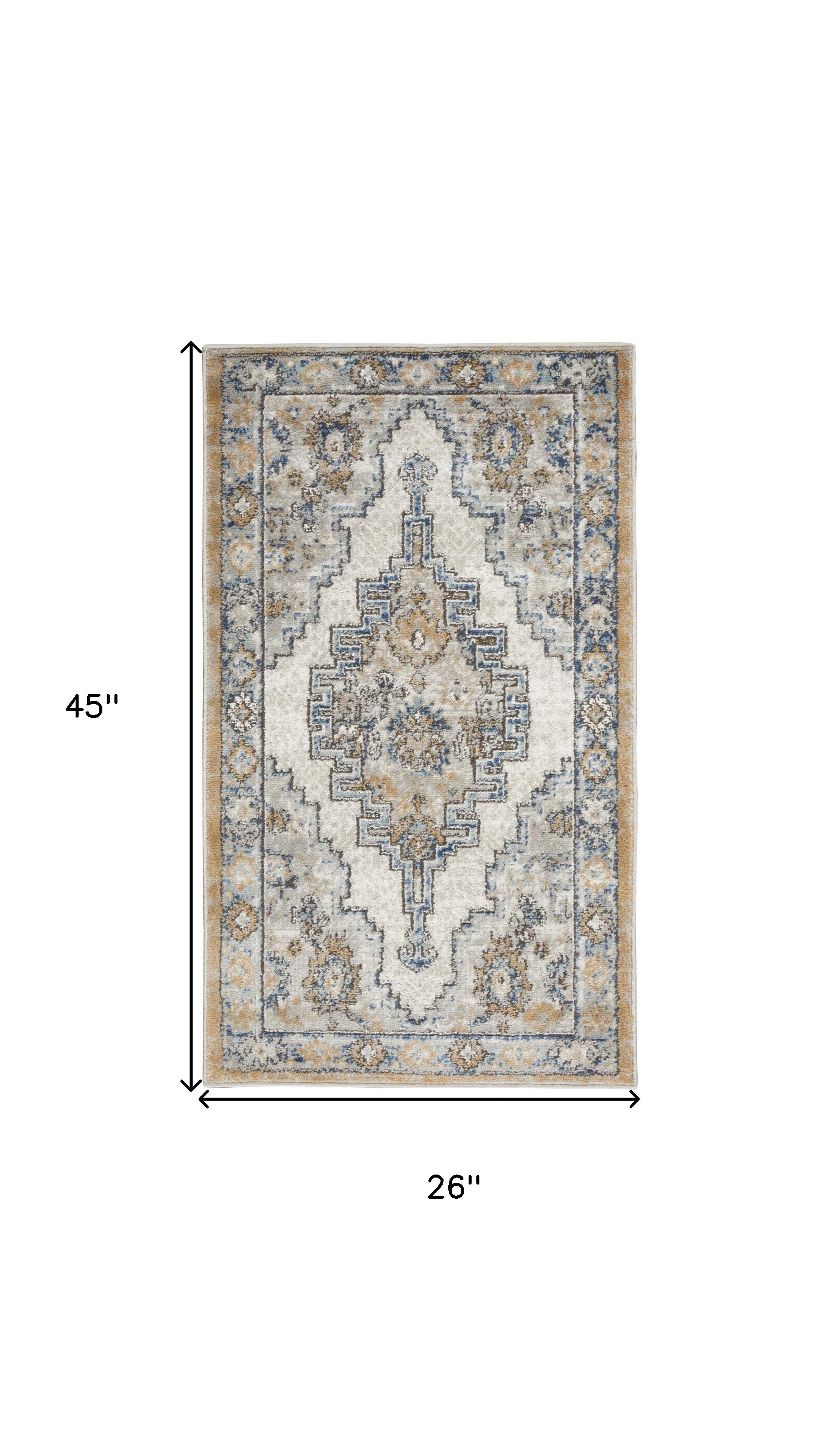 2' X 4' Grey And Light Blue Oriental Power Loom Non Skid Area Rug
