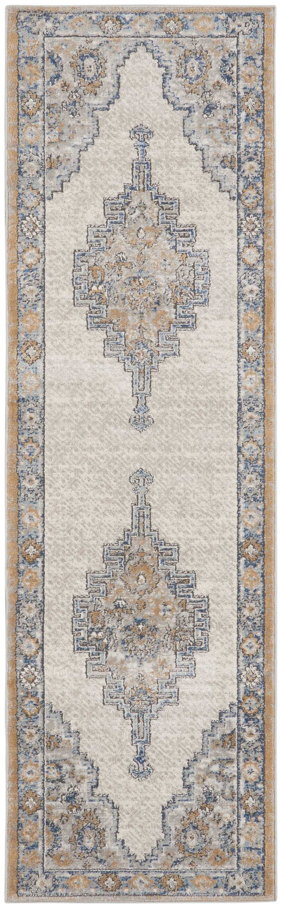 2' X 8' Grey And Light Blue Oriental Power Loom Non Skid Runner Rug