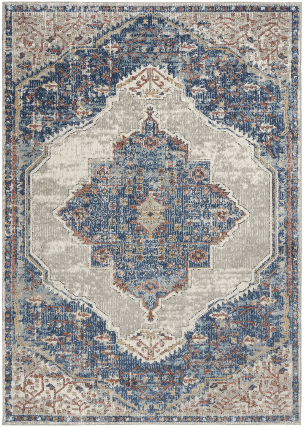 5' X 7' Blue And Grey Oriental Power Loom Non Skid Area Rug