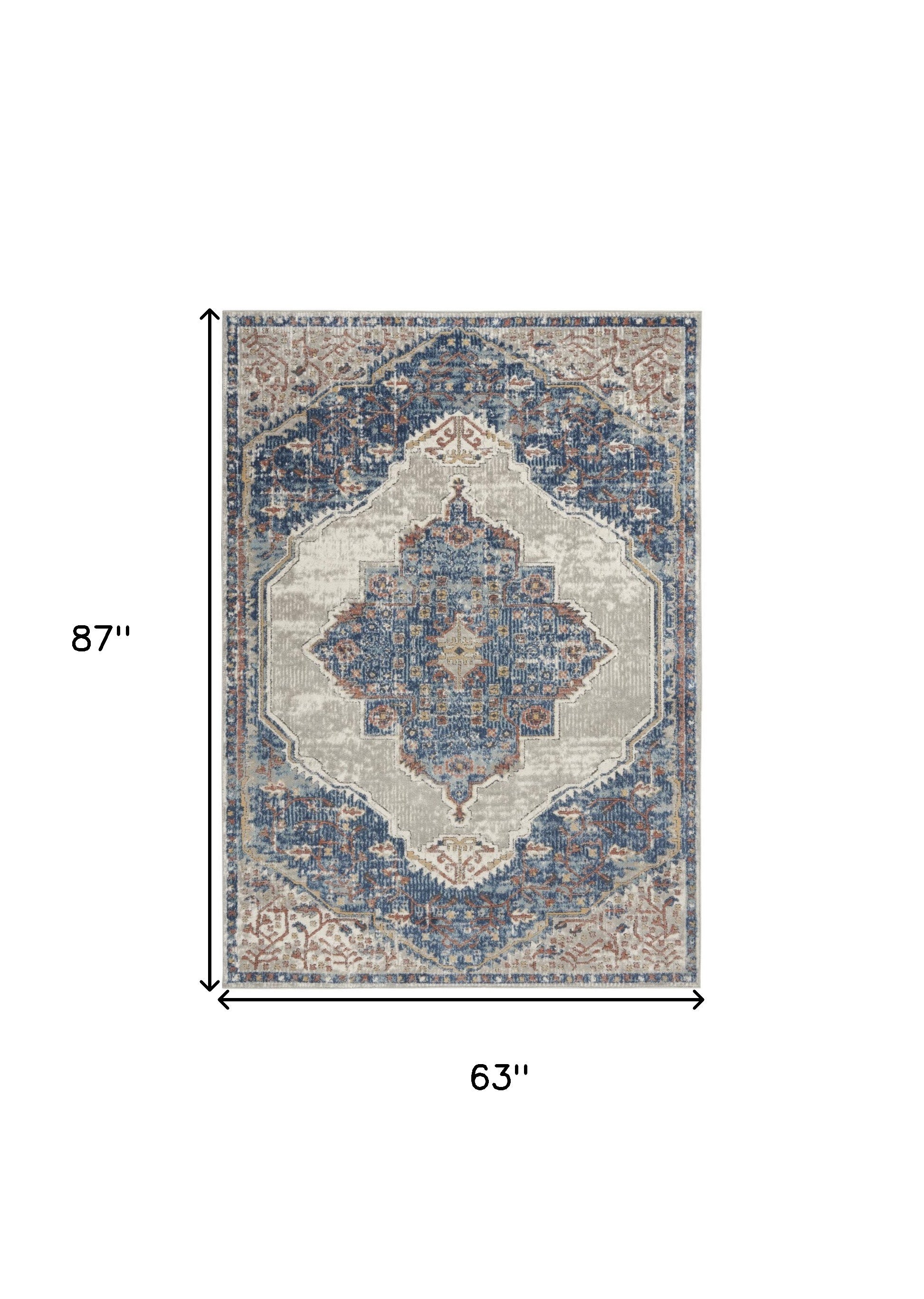 5' X 7' Blue And Grey Oriental Power Loom Non Skid Area Rug