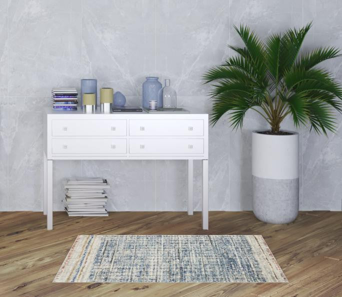 3' X 5' Blue Abstract Power Loom Distressed Non Skid Area Rug