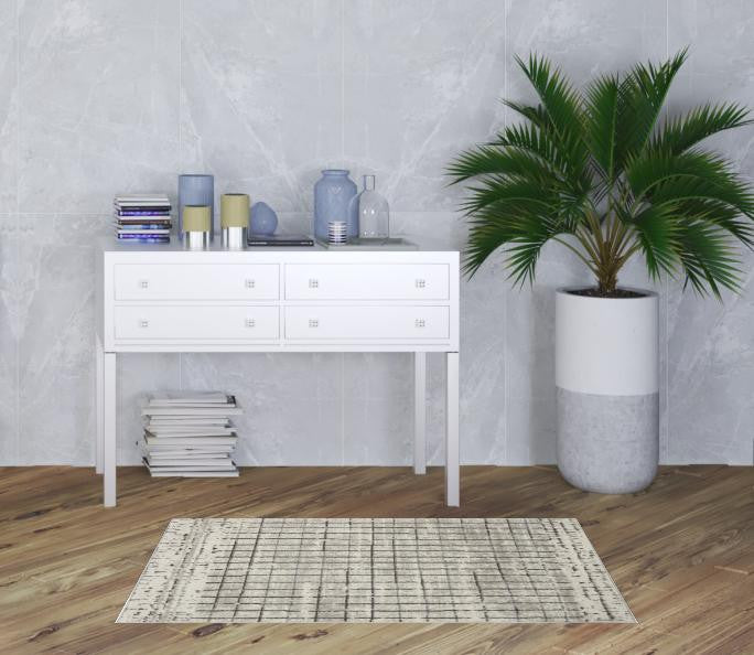 3' X 5' Ivory And Grey Abstract Power Loom Distressed Non Skid Area Rug