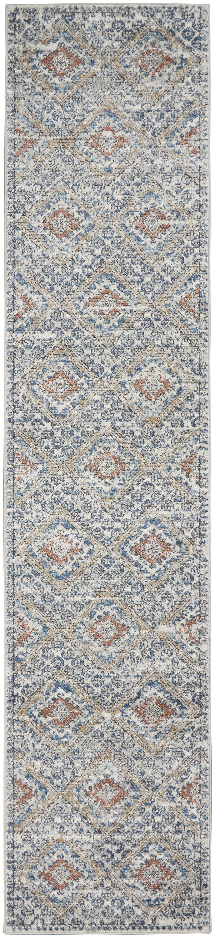 8' Blue And Ivory Southwestern Power Loom Non Skid Runner Rug