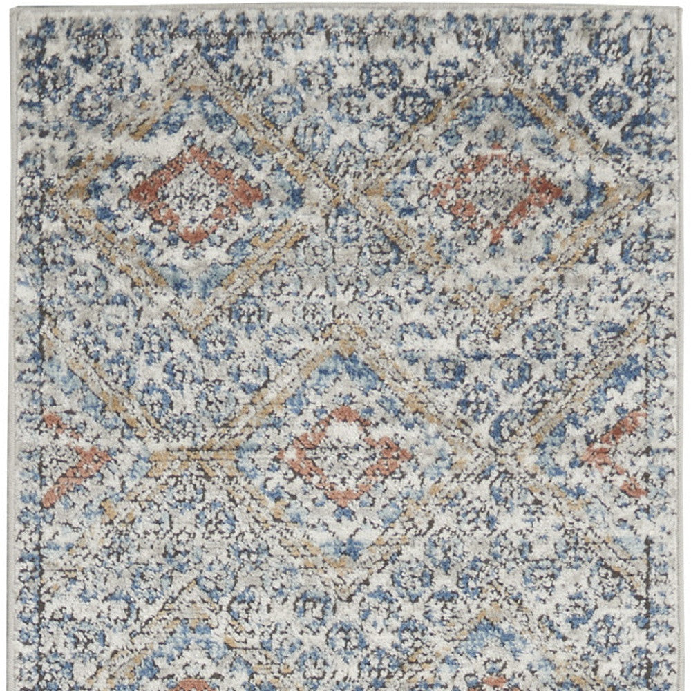 8' Blue And Ivory Southwestern Power Loom Non Skid Runner Rug