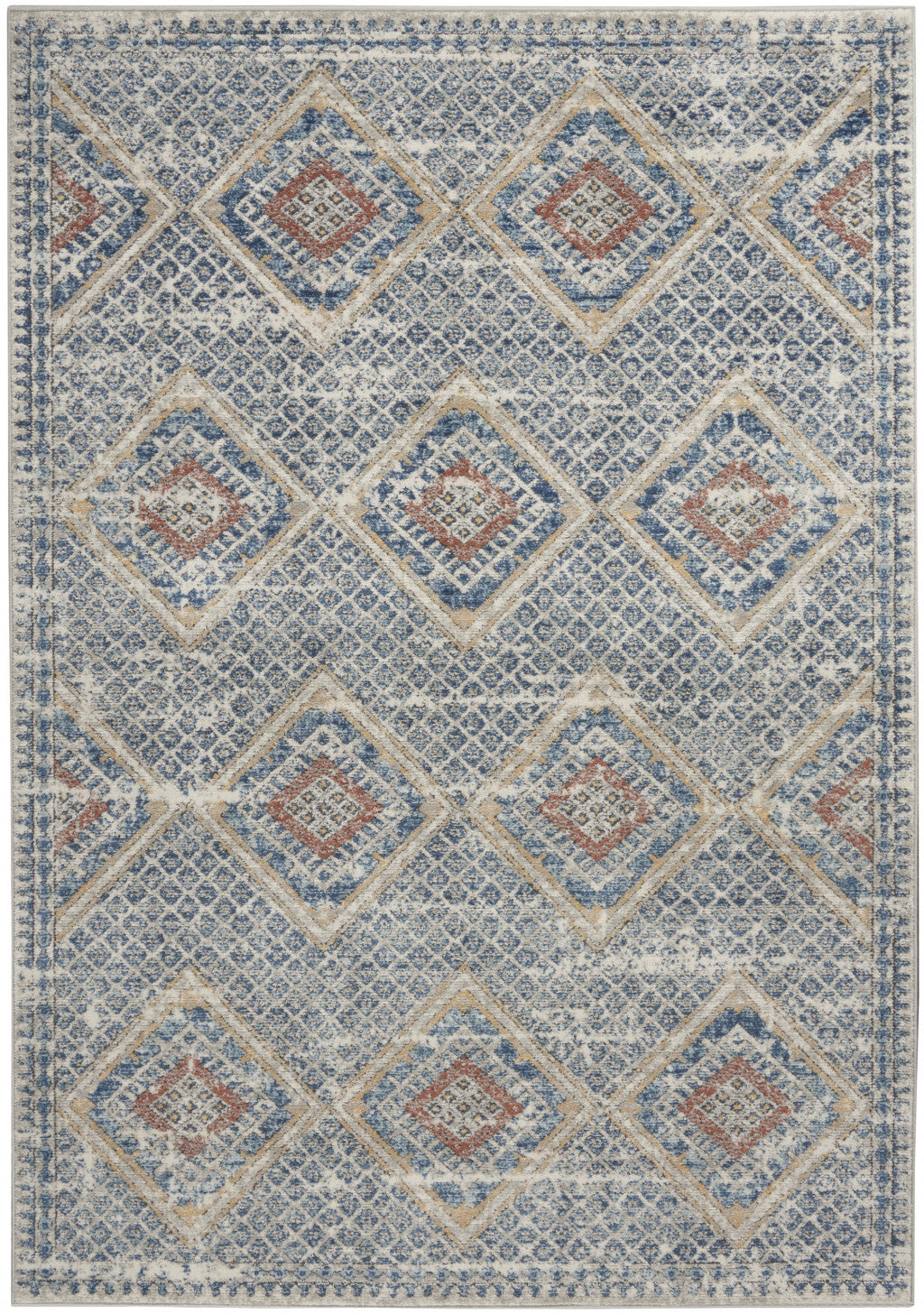 5' X 7' Blue And Ivory Southwestern Power Loom Non Skid Area Rug